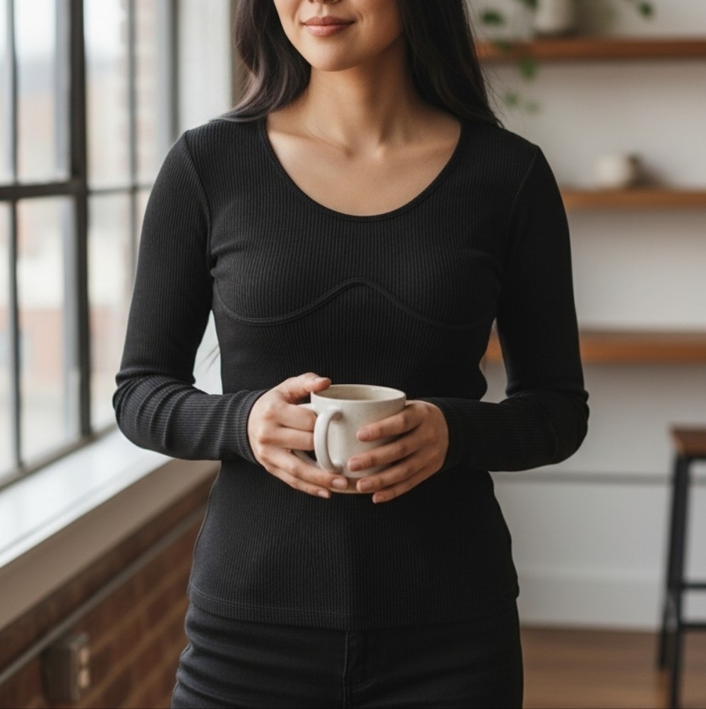 M/L Elegant Black Ribbed Long Sleeve Top